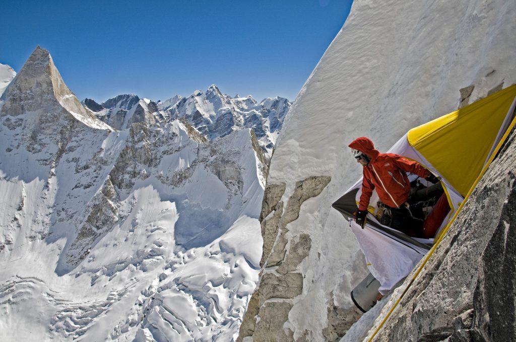 Renan Ozturk looking out of the portalege, 2008 Meru Expedition, Garwhal, India