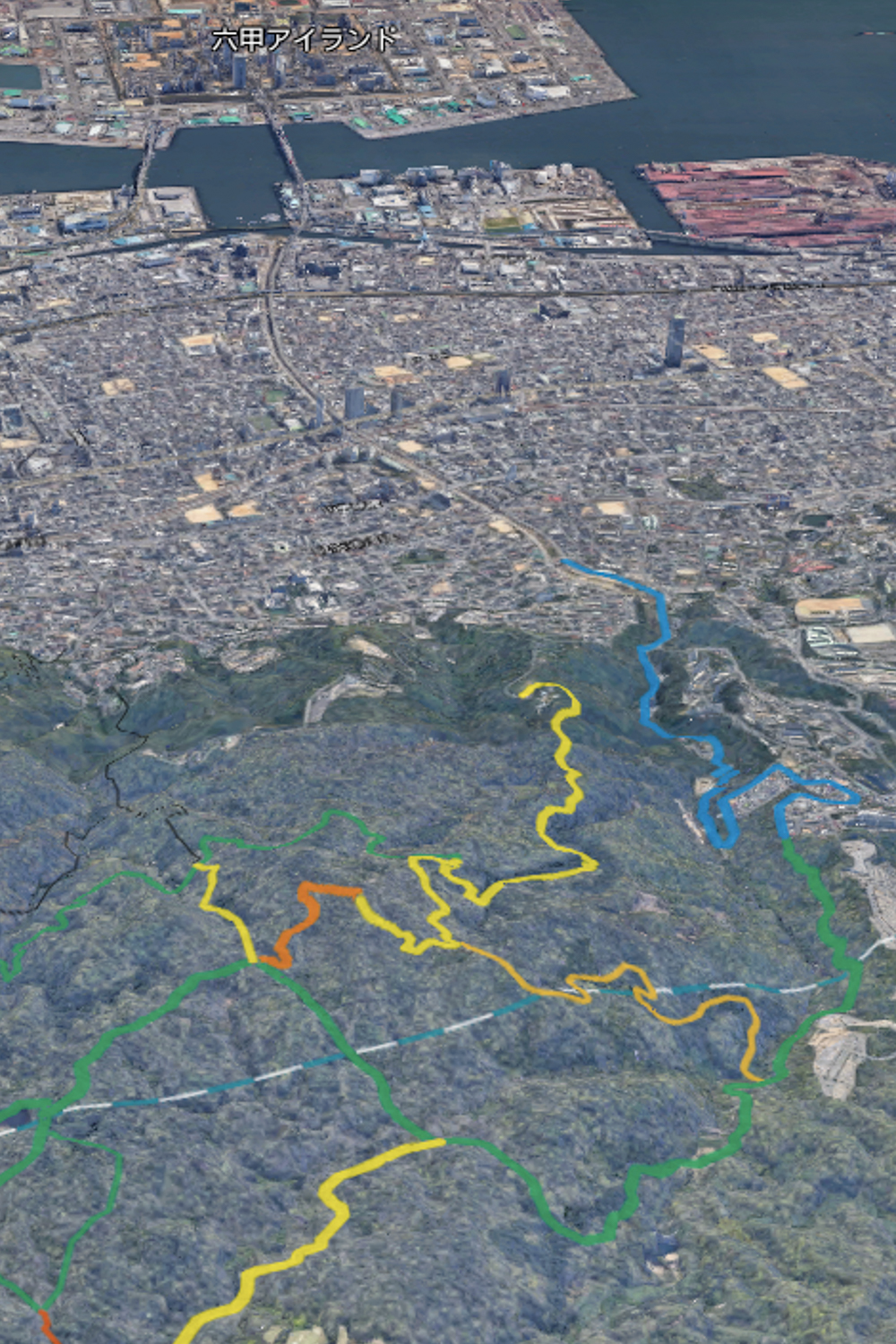 自分で作ったオリジナルマップ上で、六甲山から打越山〜東灘区を望む。