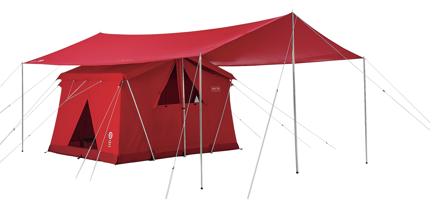 コールマンの赤い家型テントとタープ