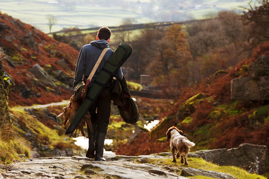 谷を歩く猟師と猟犬