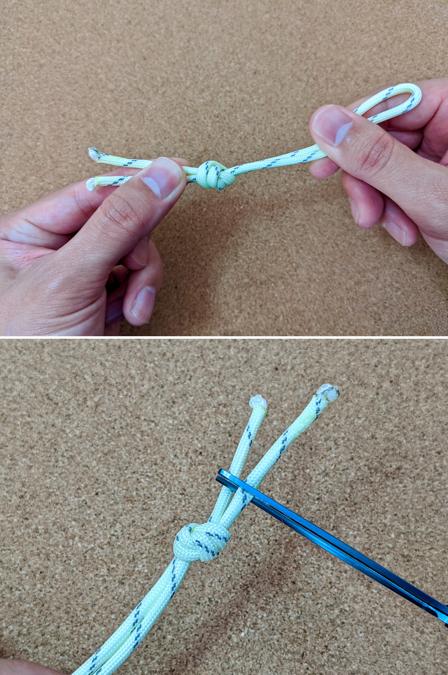 ロープの両側を力一杯引っ張っている様子と、ロープの端をハサミで切っている様子