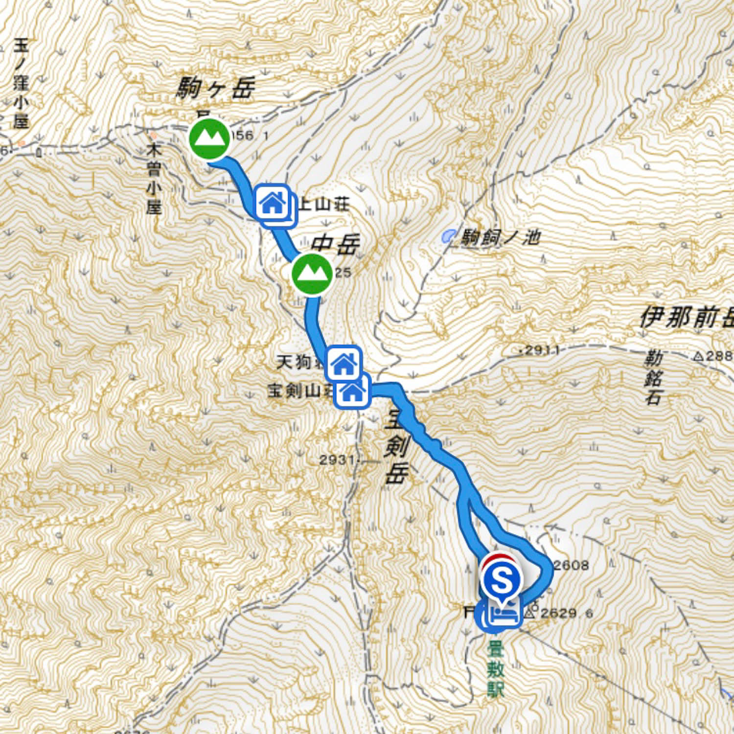ロープウェイ千畳敷駅から木曽駒ケ岳への登山地図。