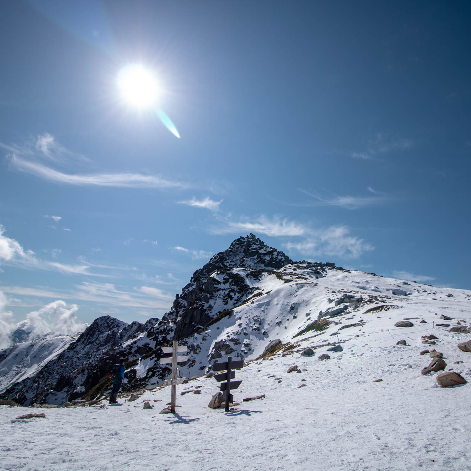 雪山の稜線の上に分岐点をあらわす看板が立っている。