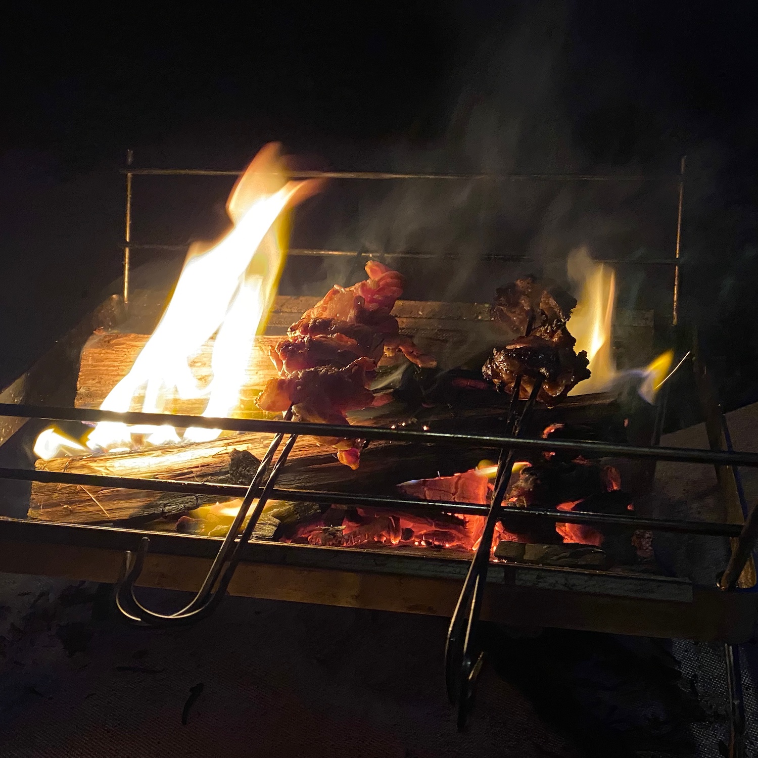 火の近くで肉を焼いている
