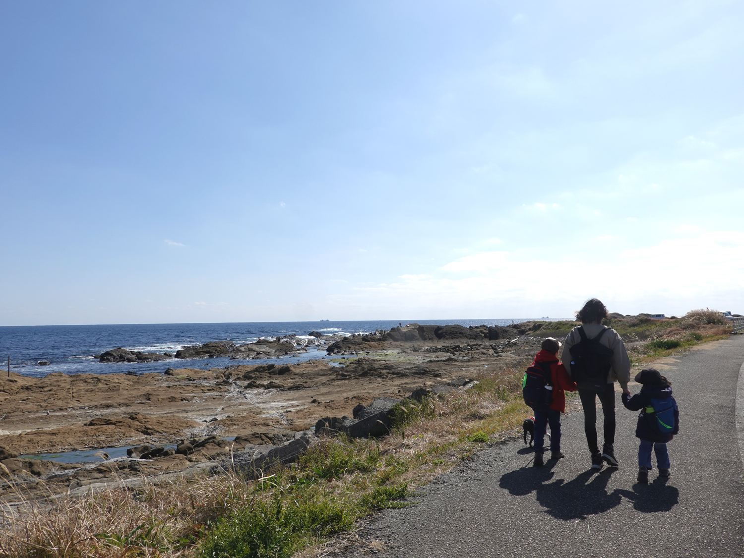 海岸線を歩く親子