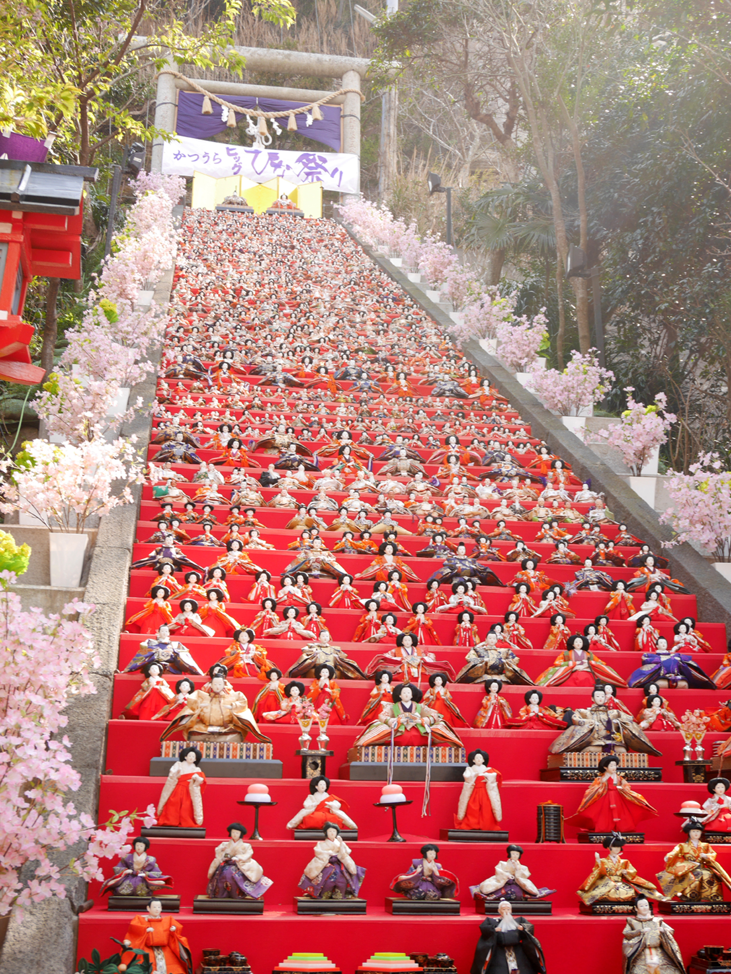 「かつうらビッグひな祭り」で、階段にたくさんのおひな様が飾られている様子