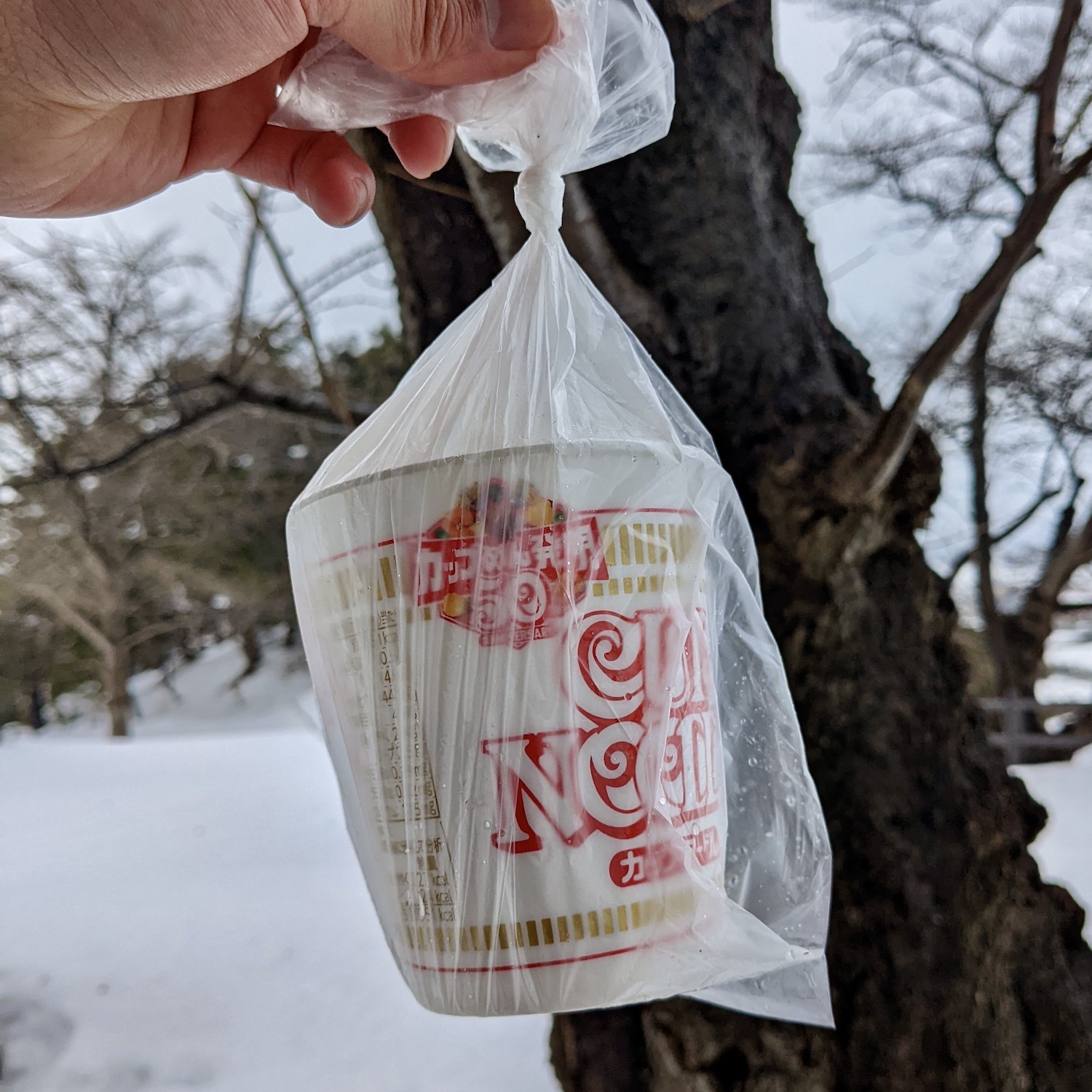 カップ麺の容器をビニール袋に入れている