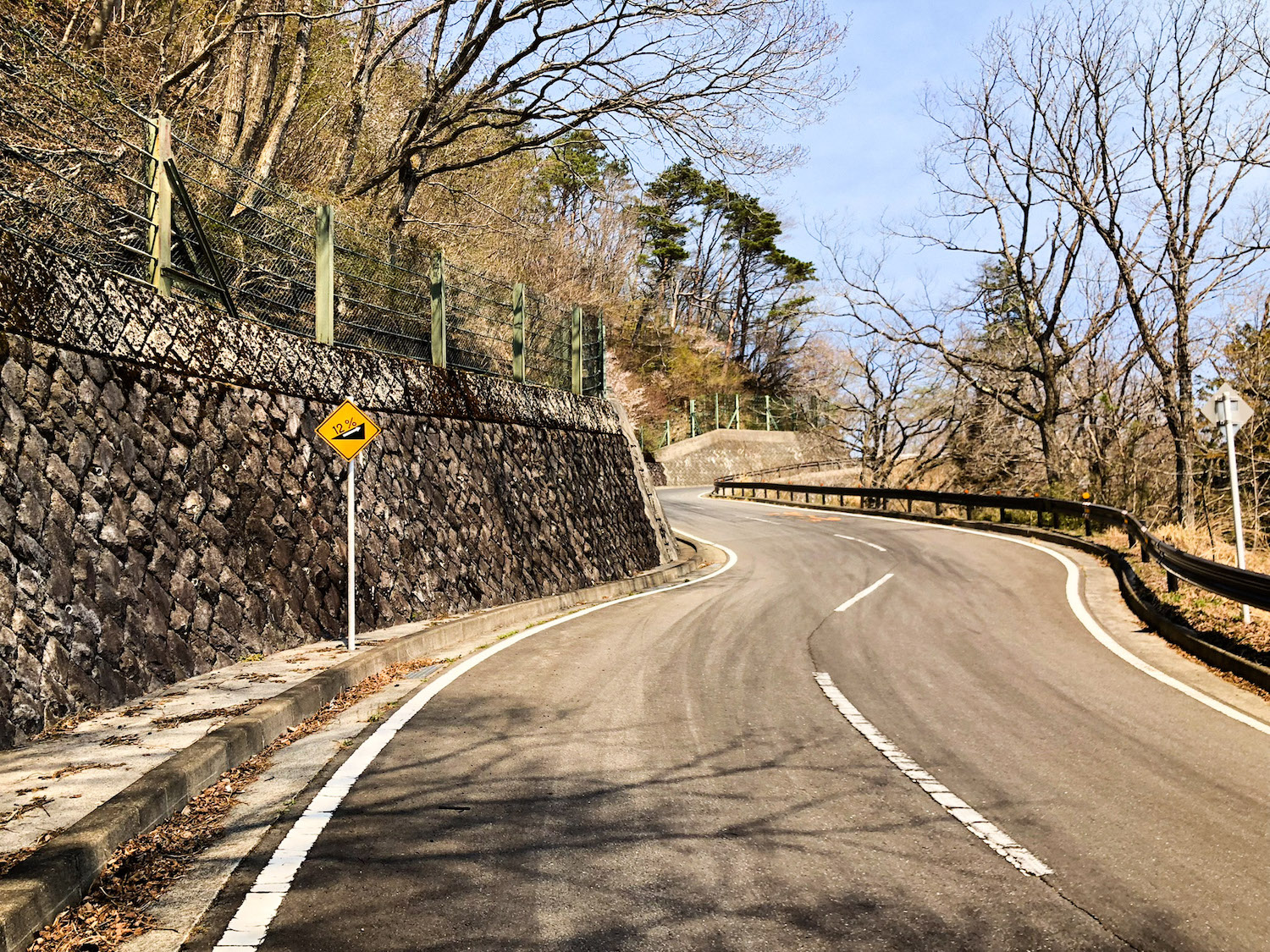 勾配がうなぎ上りの後半区間。12％の標識が見える。