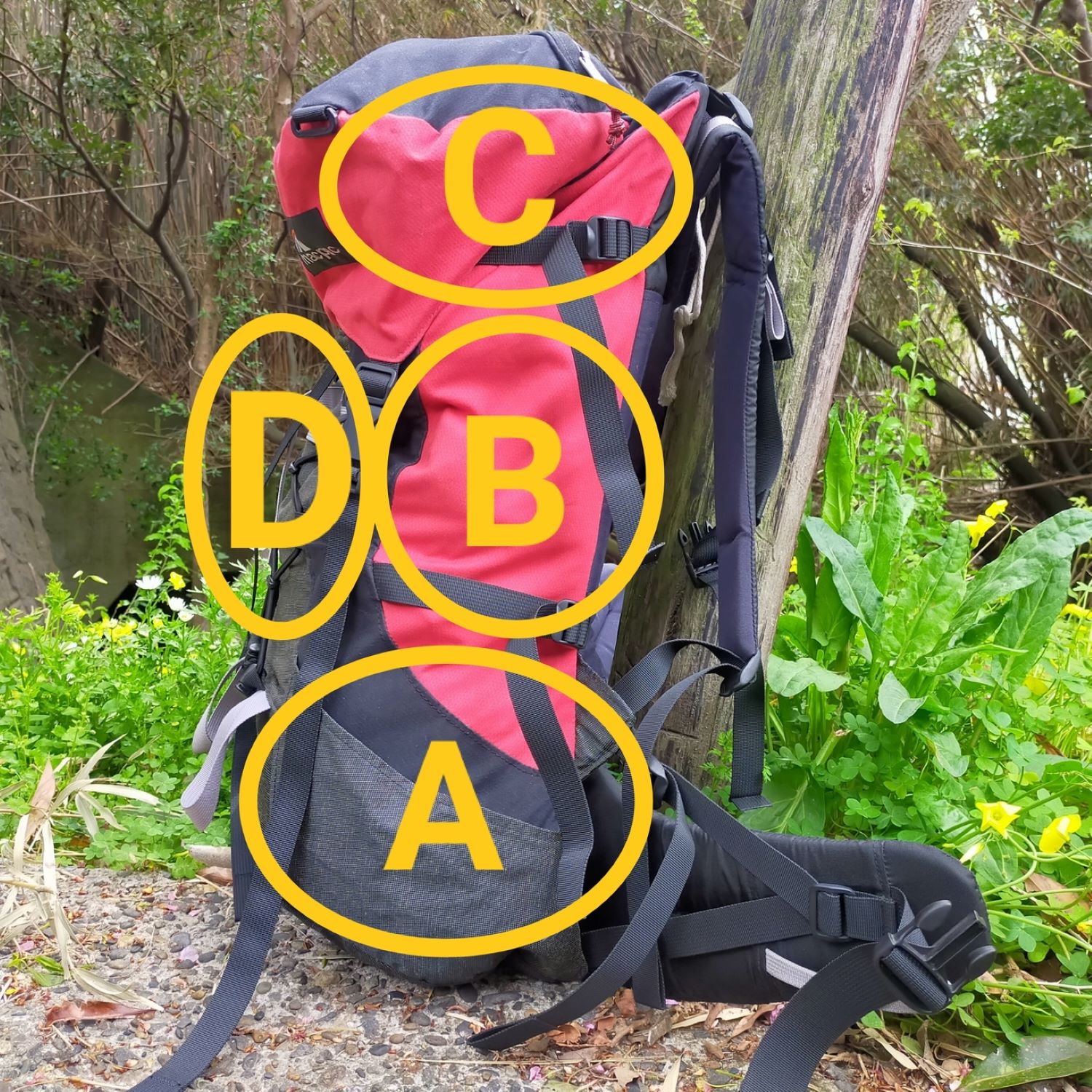 荷物をパッキングしたカバンの写真に、パッキングした荷物の位置がわかるように、A、B、C、D、と書き込んである。