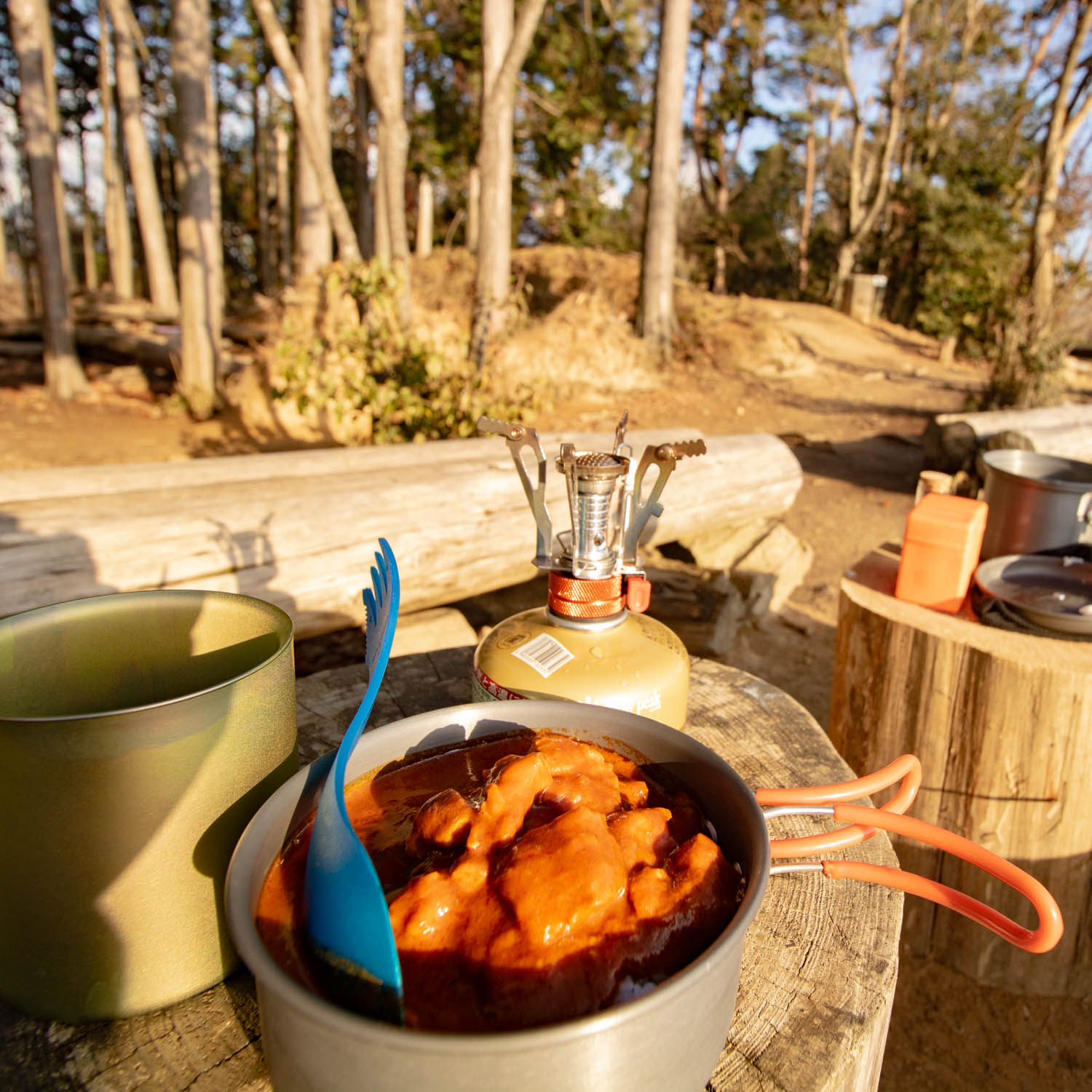 丸太の上にガスセットとクッカーに入ったカレーが置いてある。