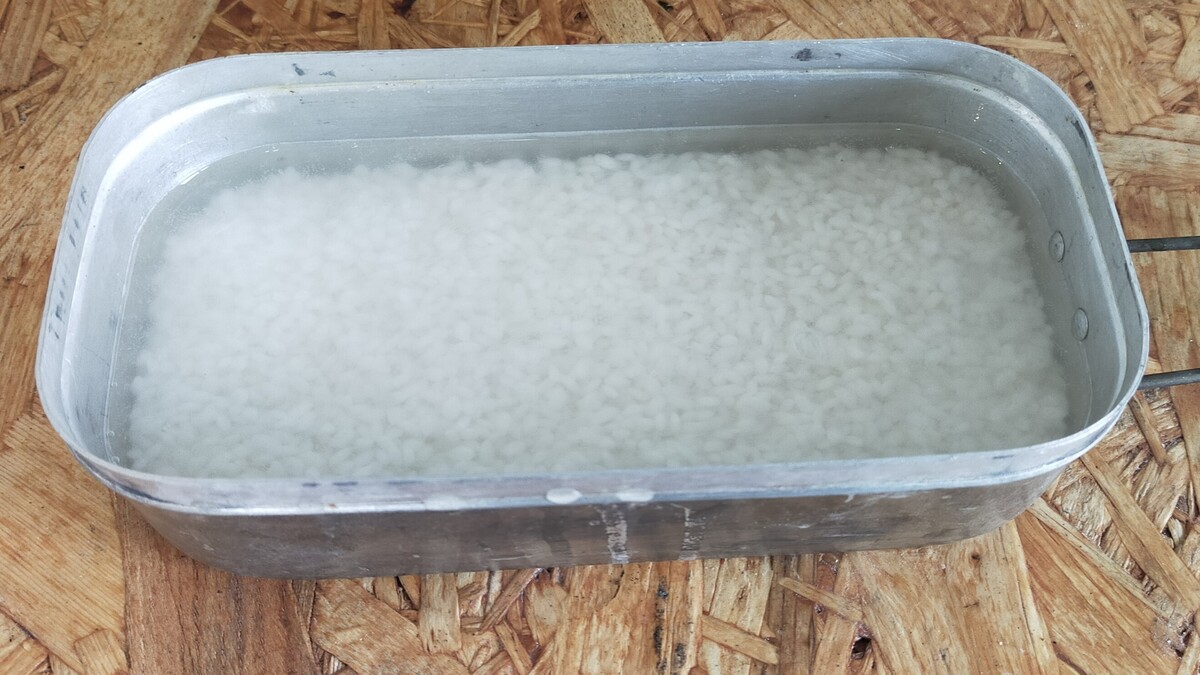 クッカーの中に米と水が入っている。