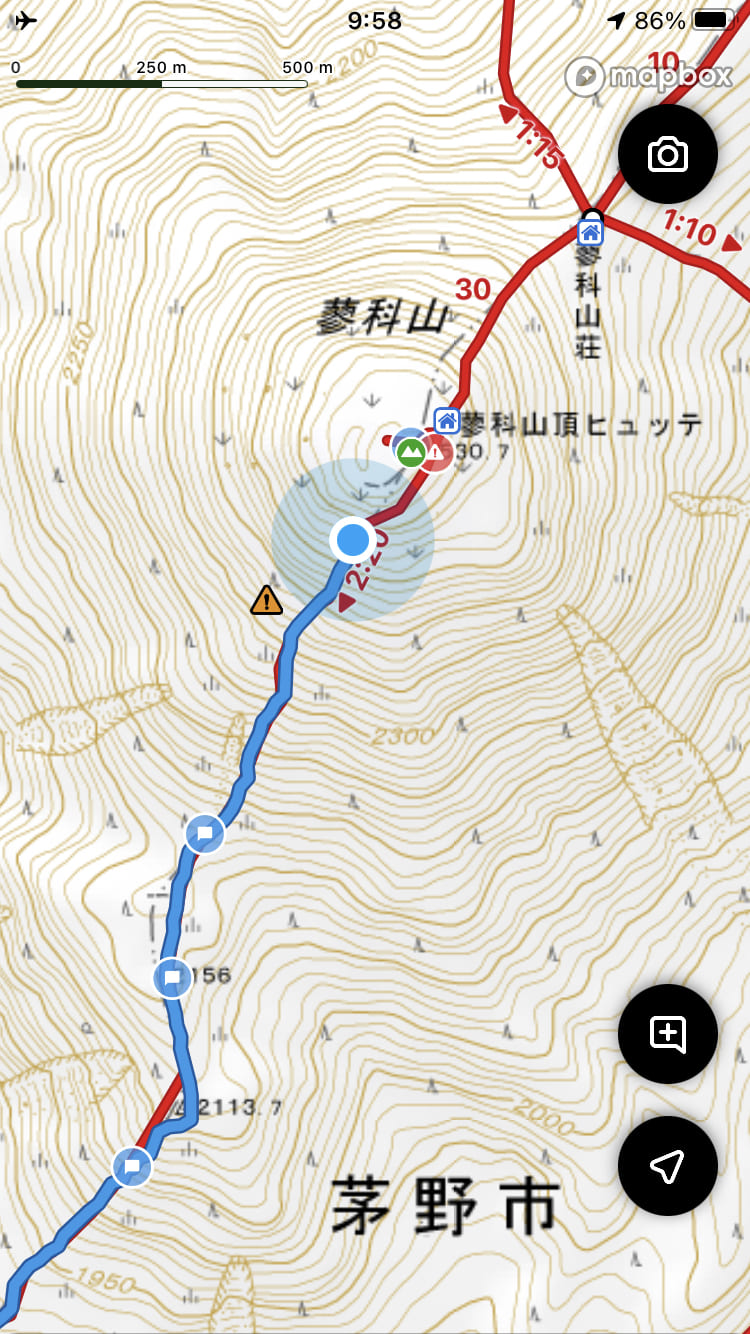 YAMAPの画面表示、茅野市の蓼科山山頂周辺の地図