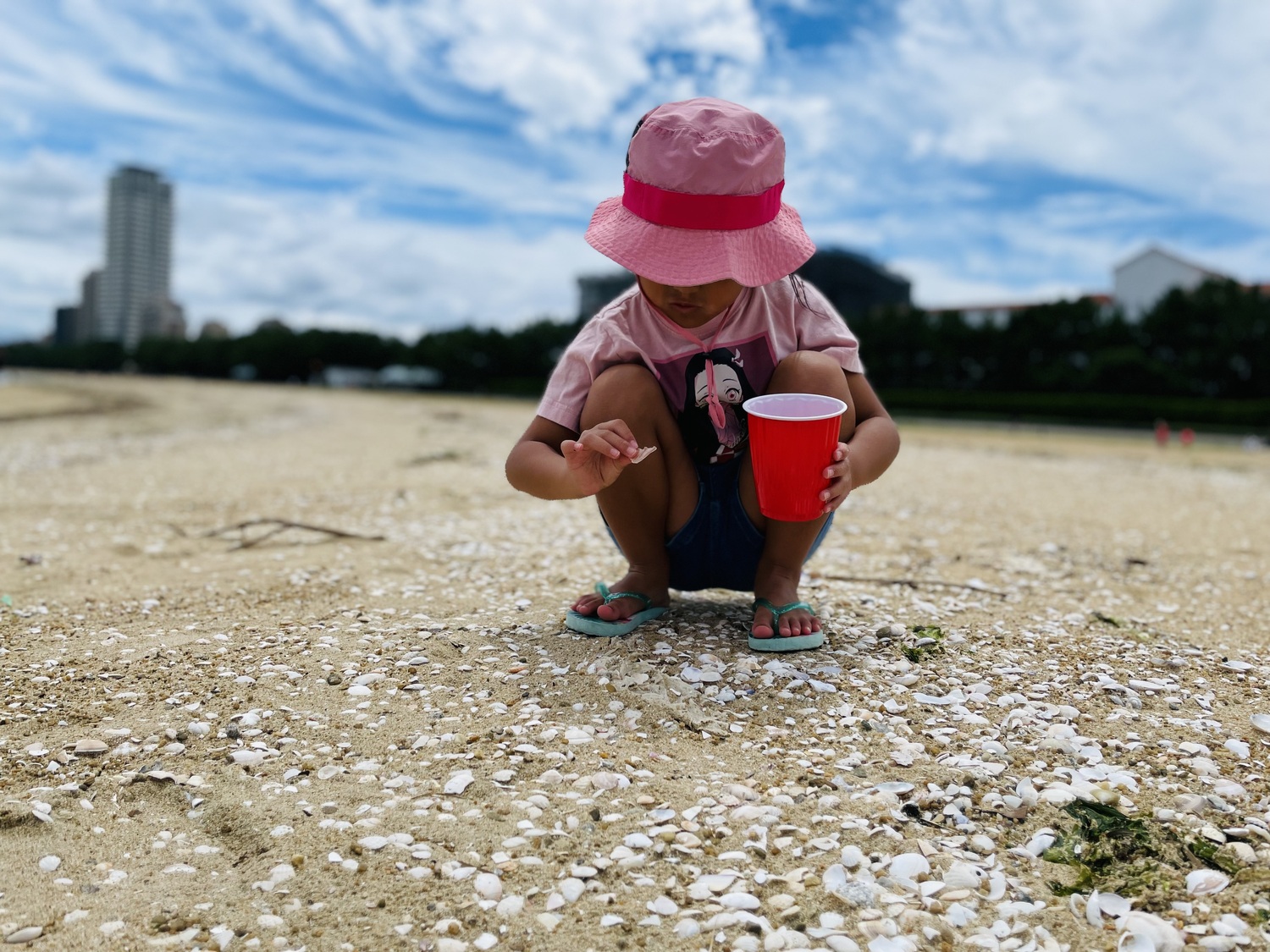 砂浜で貝殻を探す子供