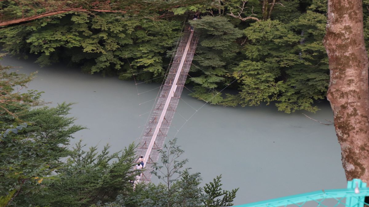 階段の途中からの景色。橋が見えます。