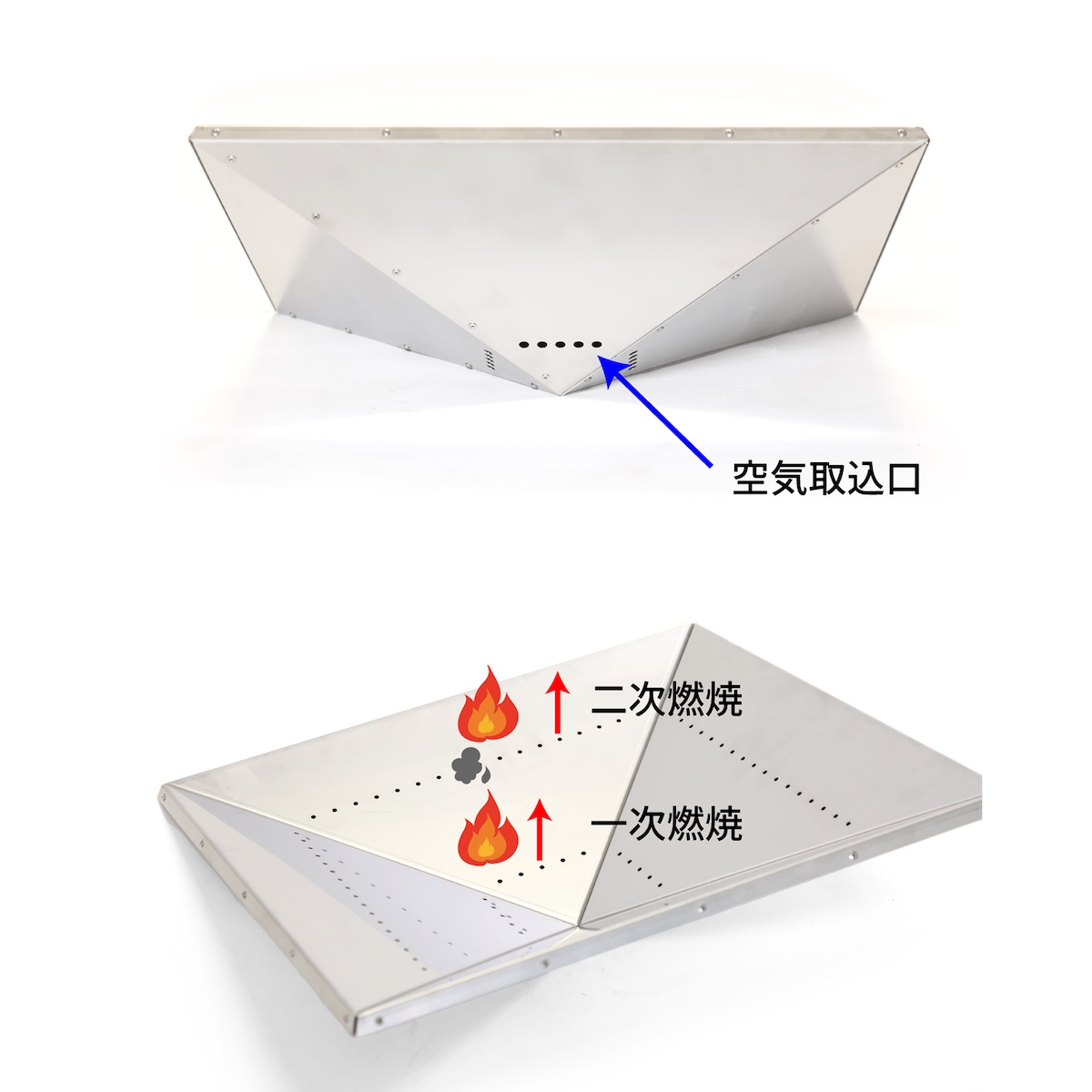 複数の空気取り込み口によって二次燃焼が発生。