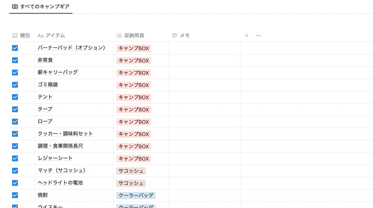 著者のNotionのキャンプ専用画面