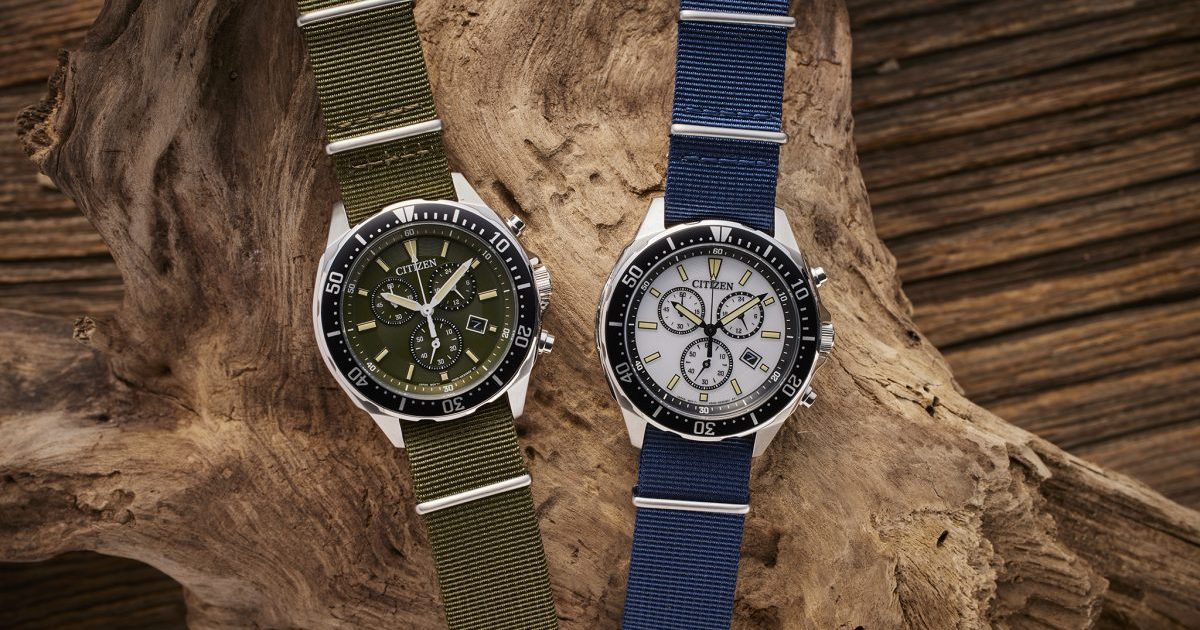 marka 別注 CITIZEN 腕時計 クロノグラフ 黒 ナイロンベルト 室内光でも発電する！アウトドアで輝くナイロンベルトのシチズン