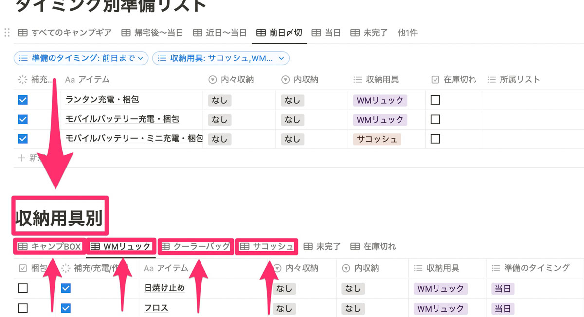 今度は収納用具別のタブを表示させる