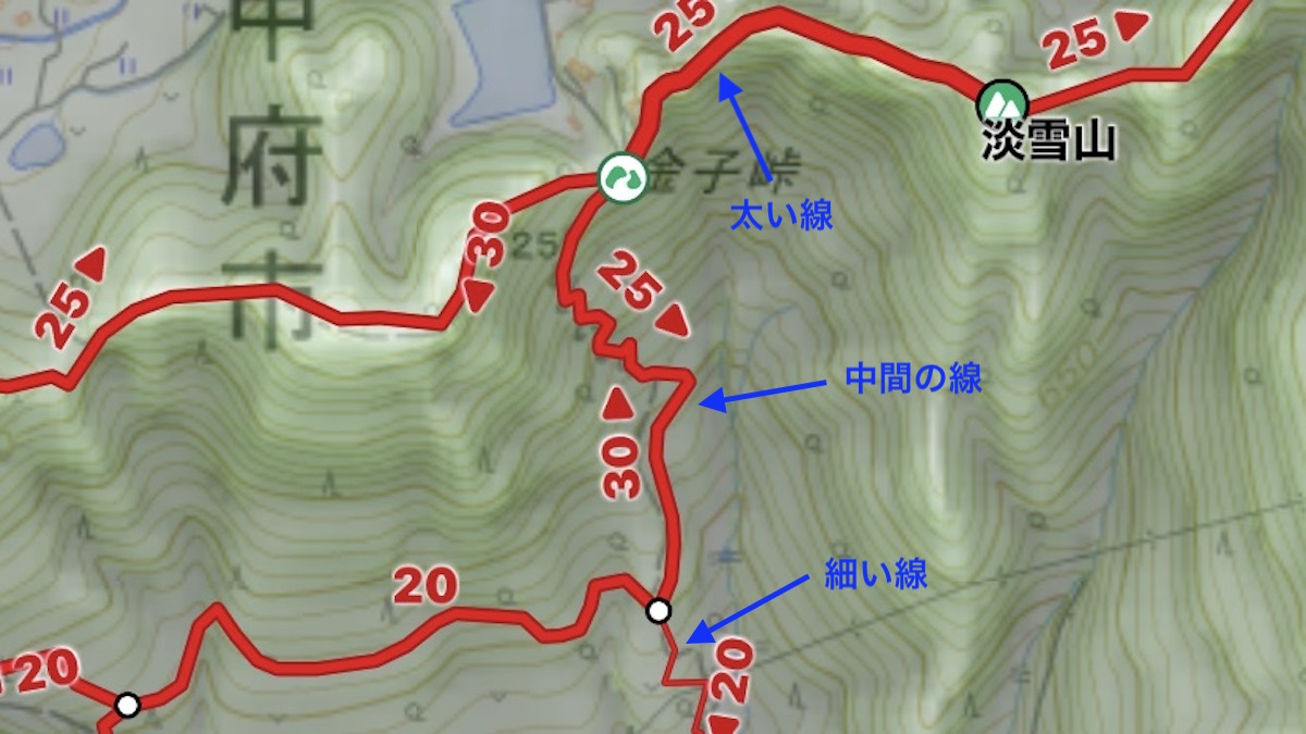YAMAPの地図アプリでは、登山ルートの通行量が分かります。登山客が多いルートは太く、少ないルートは細くと3段階表示することで、登山客の通行量が地図上で一目で分かるようになっています。