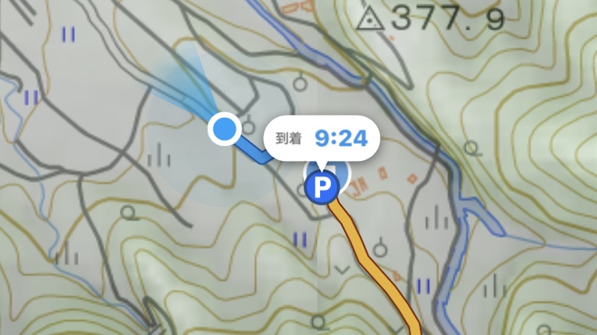 登山ルートから外れている例。黄色ルートから青色ルートがずズレています。