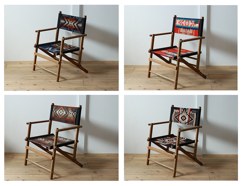 「Original Folding Chiar S(オリジナルフォールディングチェアS)」¥28.600 (左上)Plain Star(右上)Chief Jpseph Red(左下)Mission Brown(右下)Overall Black