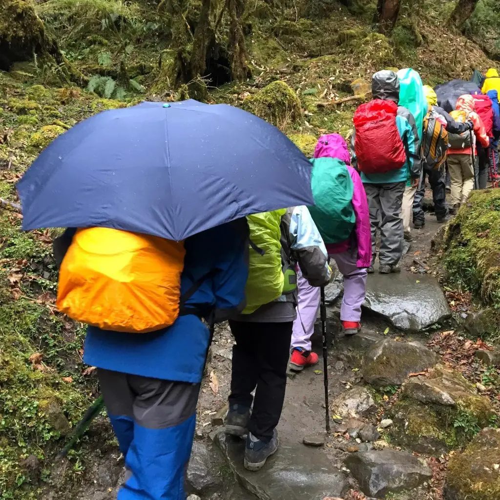 雨の中登山をする人々