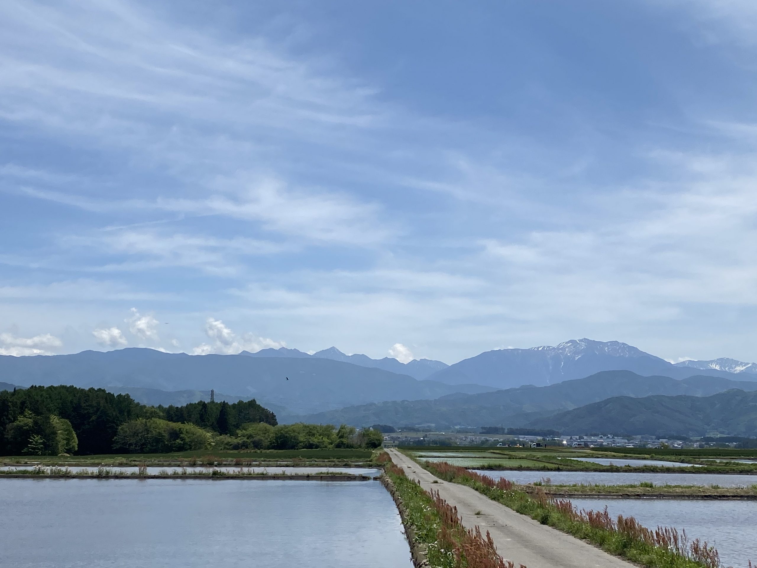 田園地帯から甲斐駒ヶ岳と仙丈ケ岳を望む