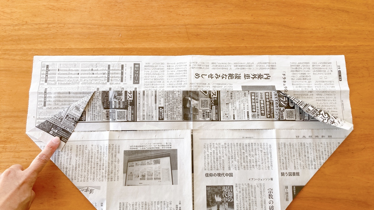 新聞紙を折っている様子