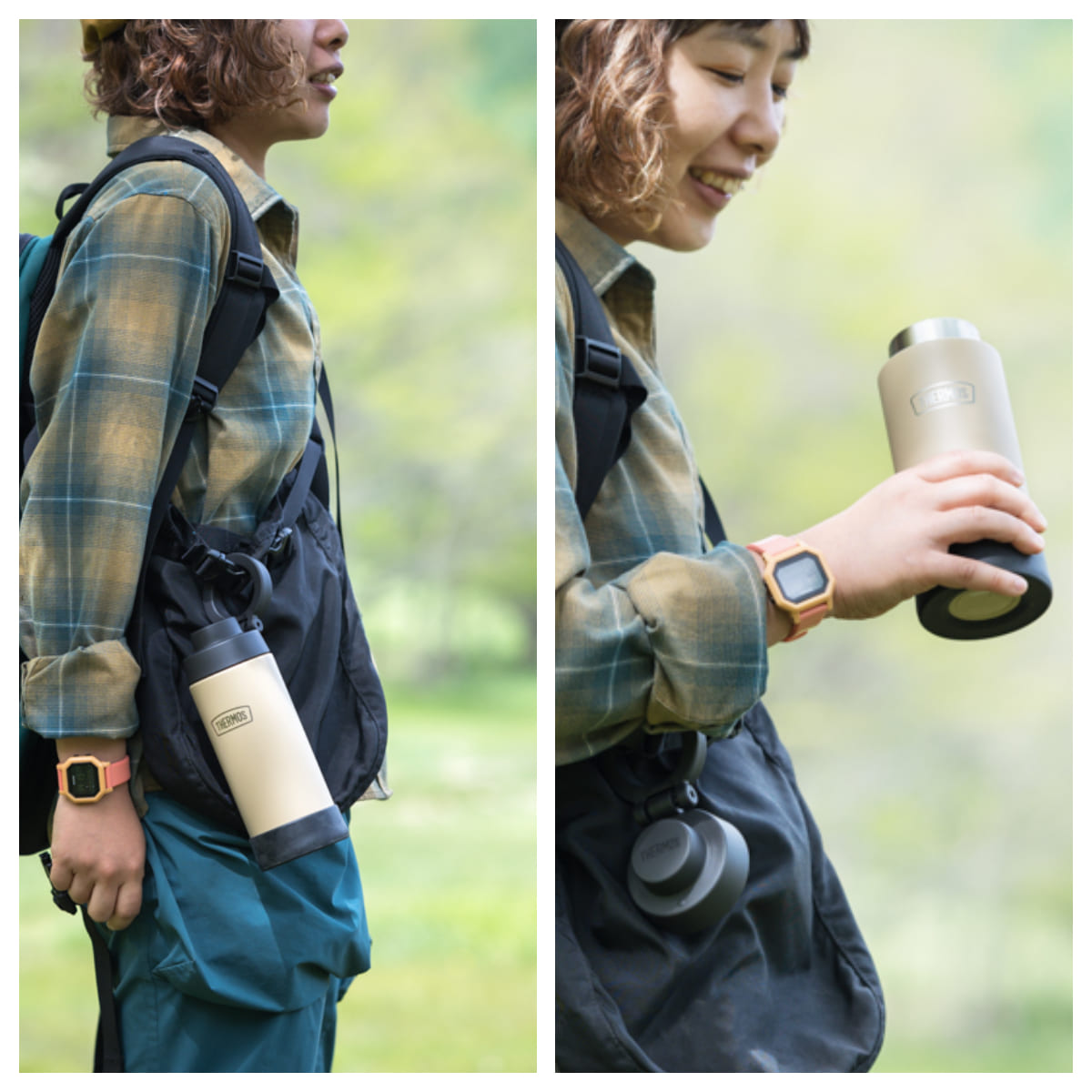 バッグのひもに水筒のリングを通して吊るした状態、右はその水筒からお茶を飲んでいるところ