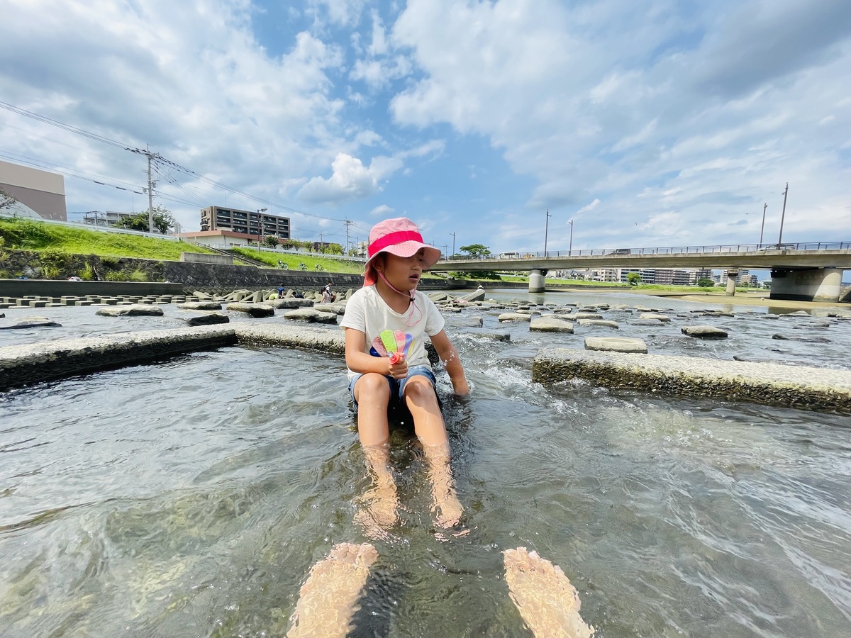 川の水に足を入れる