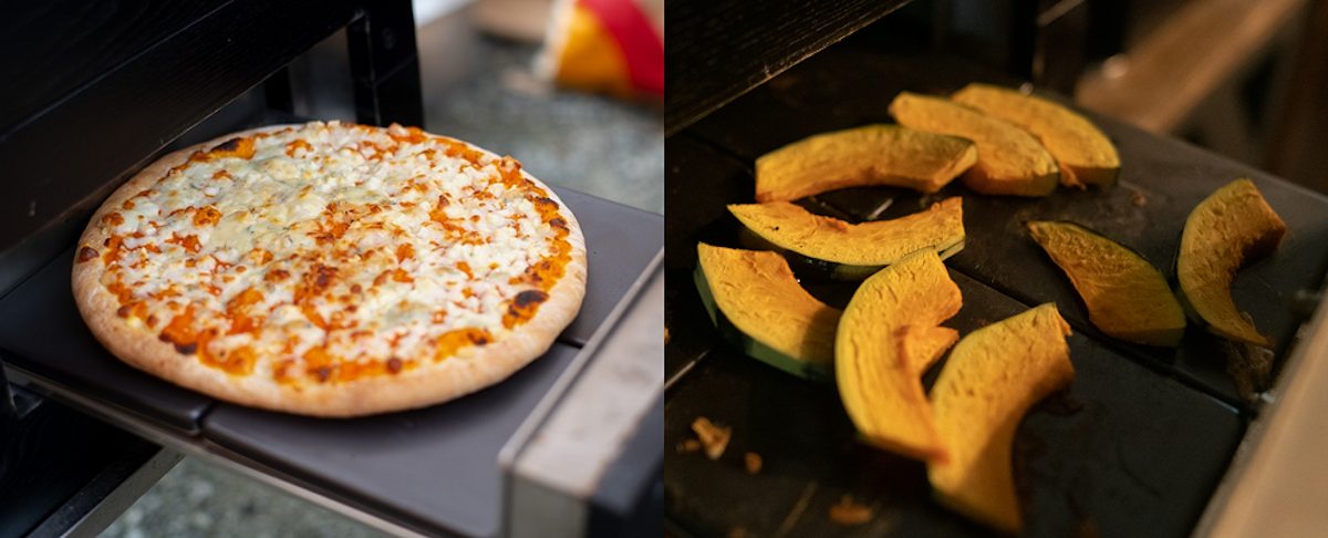 長崎県の陶磁器・波佐見焼のピザストーンによる遠赤外線効果により2～3分で本格ピザが焼き上がる。