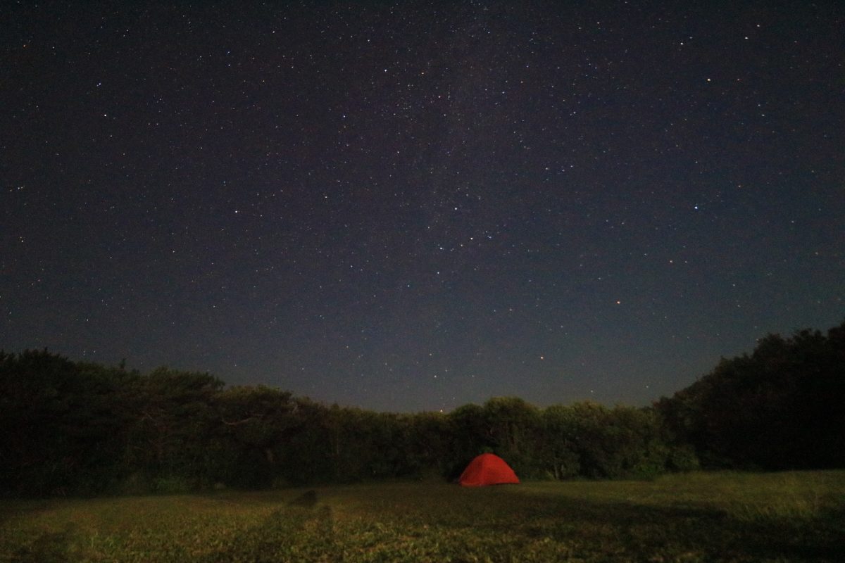 星空の下にオレンジ色のテントが張られている。