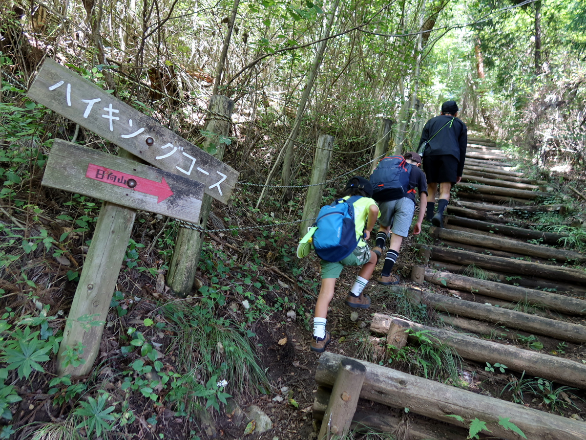 急な木の階段を上る