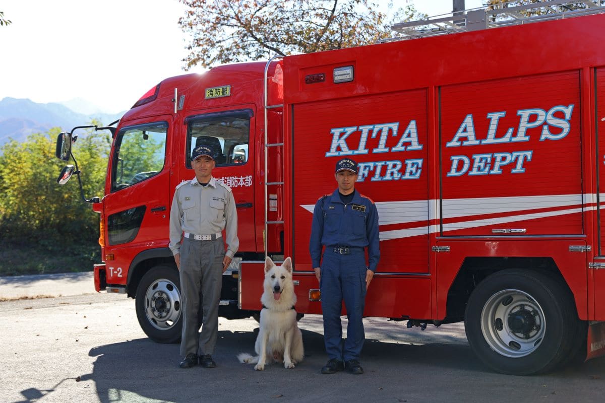 消防車と消防士と災害救助犬
