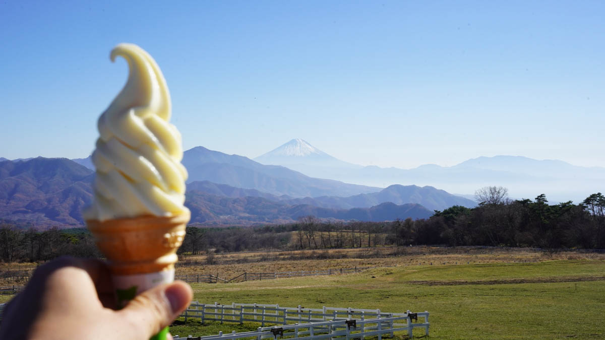 富士山を眺めながら食べる牧場ソフトクリーム（森deリトリート）