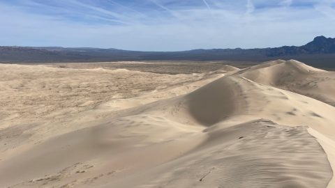 カリフォルニア州にあるモハーベ砂漠をハイキング。見えるものは白い砂と青い空のみ