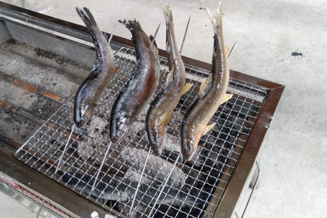 バーベキューコンロで焼かれる川魚たち