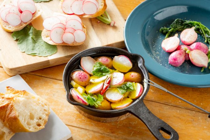 ラディッシュのアヒージョ、ラディッシュのソテー、ラディッシュのカナッペ