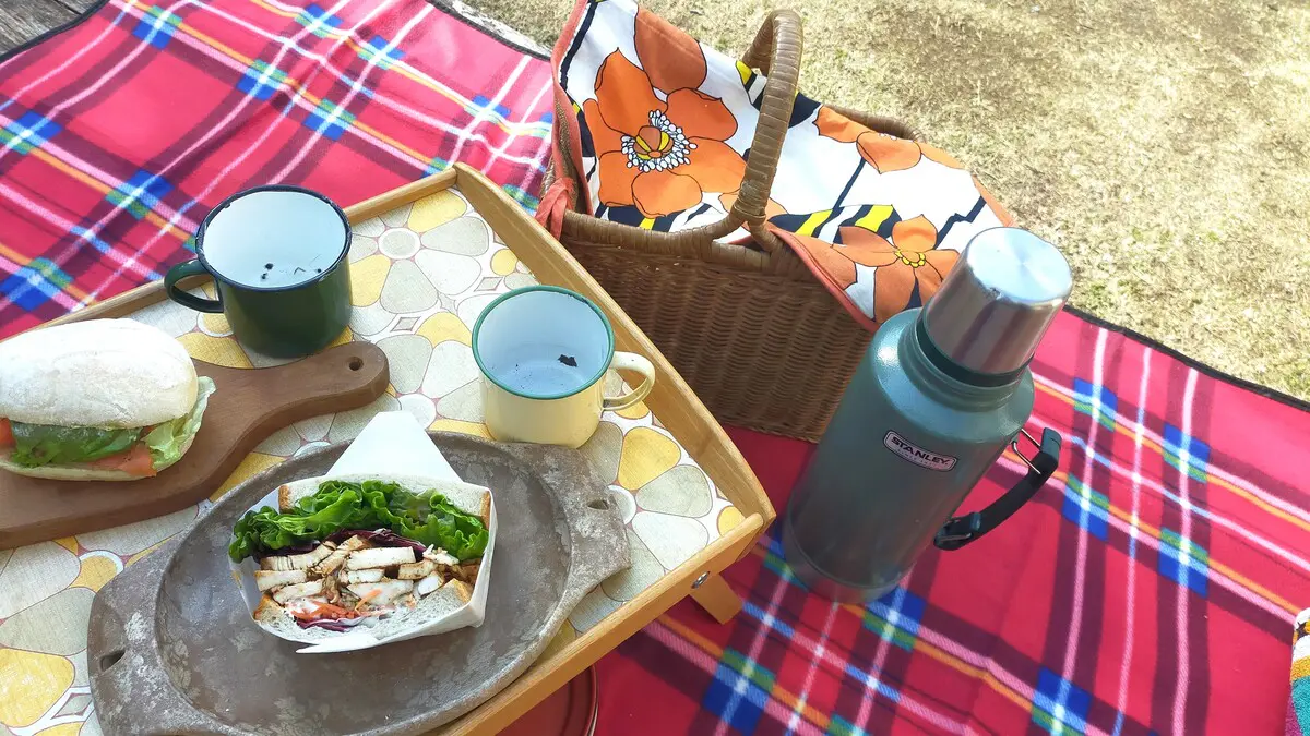 レジャーシートの上に並んだピクニックセット。