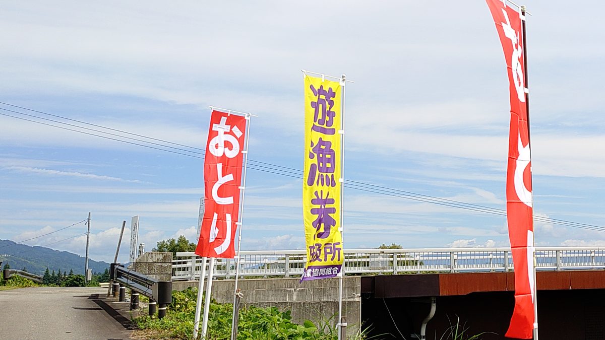 オトリ鮎と遊漁券の販売所まで案内するのぼり旗
