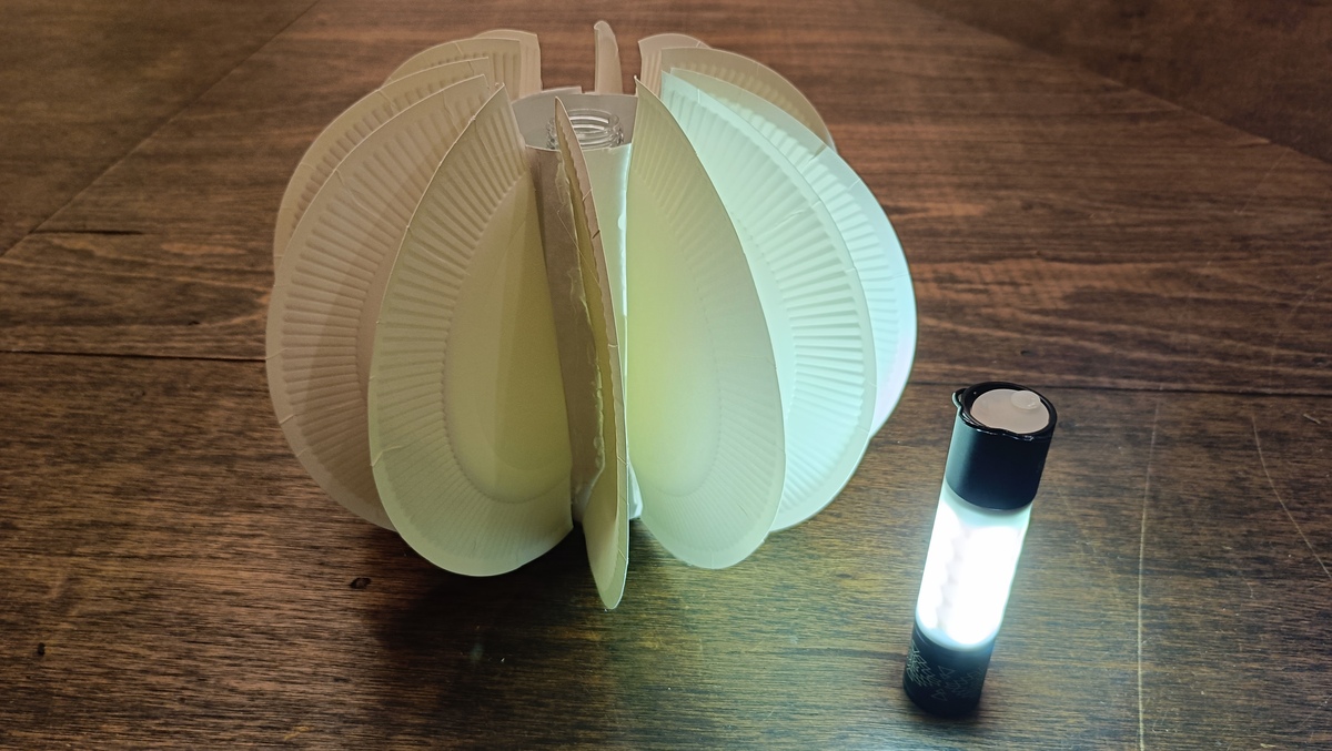 シェードランプとLEDランタンが並んでいる。