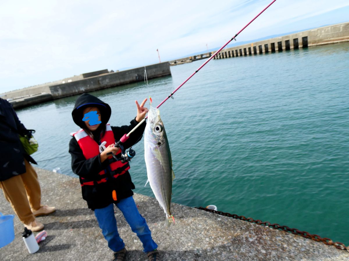 1匹目のアジを釣る次男