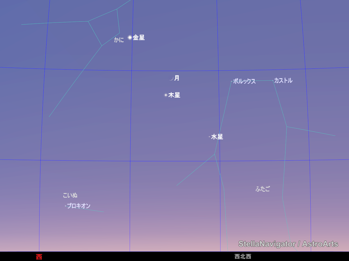 夏至に見られる夕空ショー！ 西の空に集まる金星、木星、水星、細い月を見よう