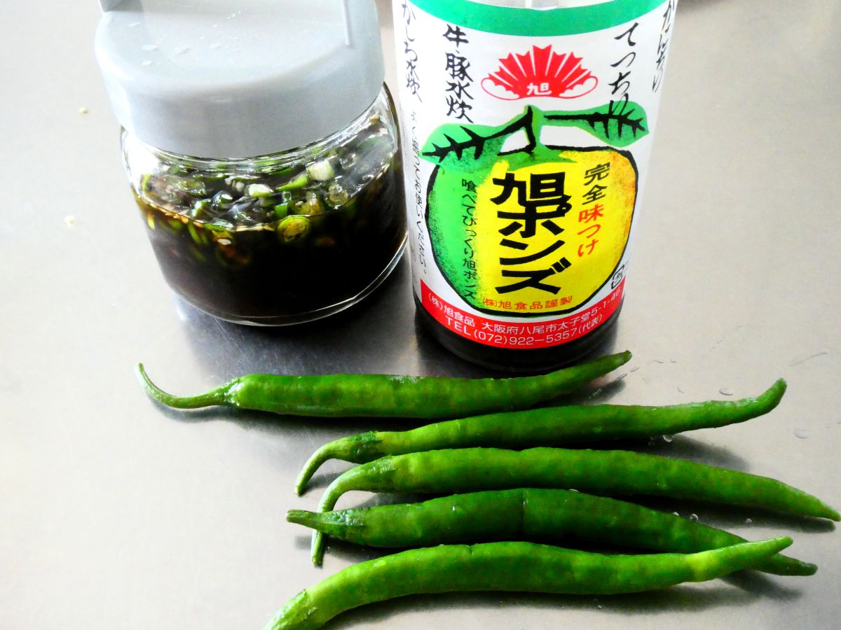 ポン酢に刻んだ青唐辛子をたっぷり加えた特製だれ