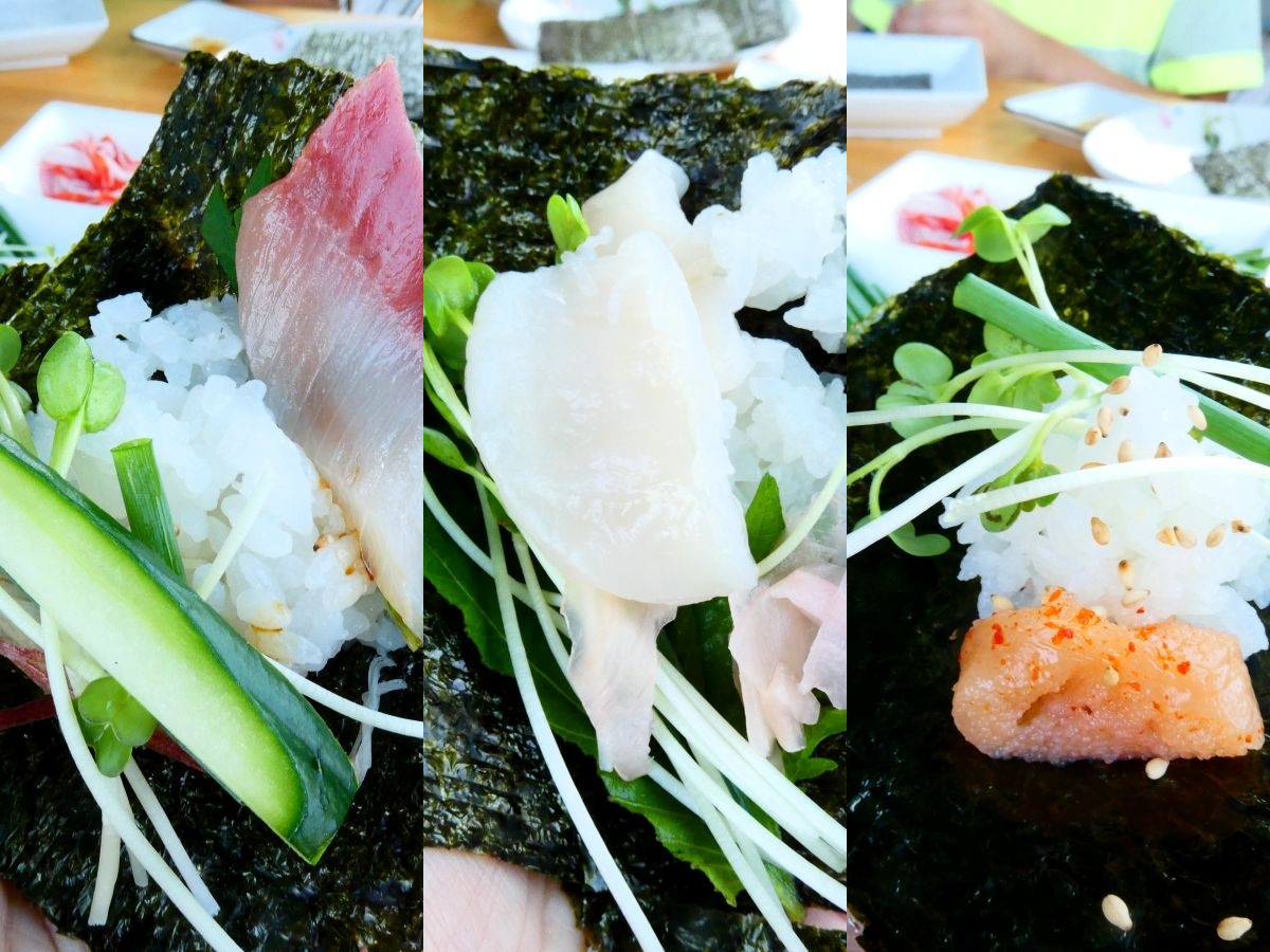 左から「ブリ×きゅうり」、「ホタテ×新ショウガ」「明太子×胡麻と香味野菜」。