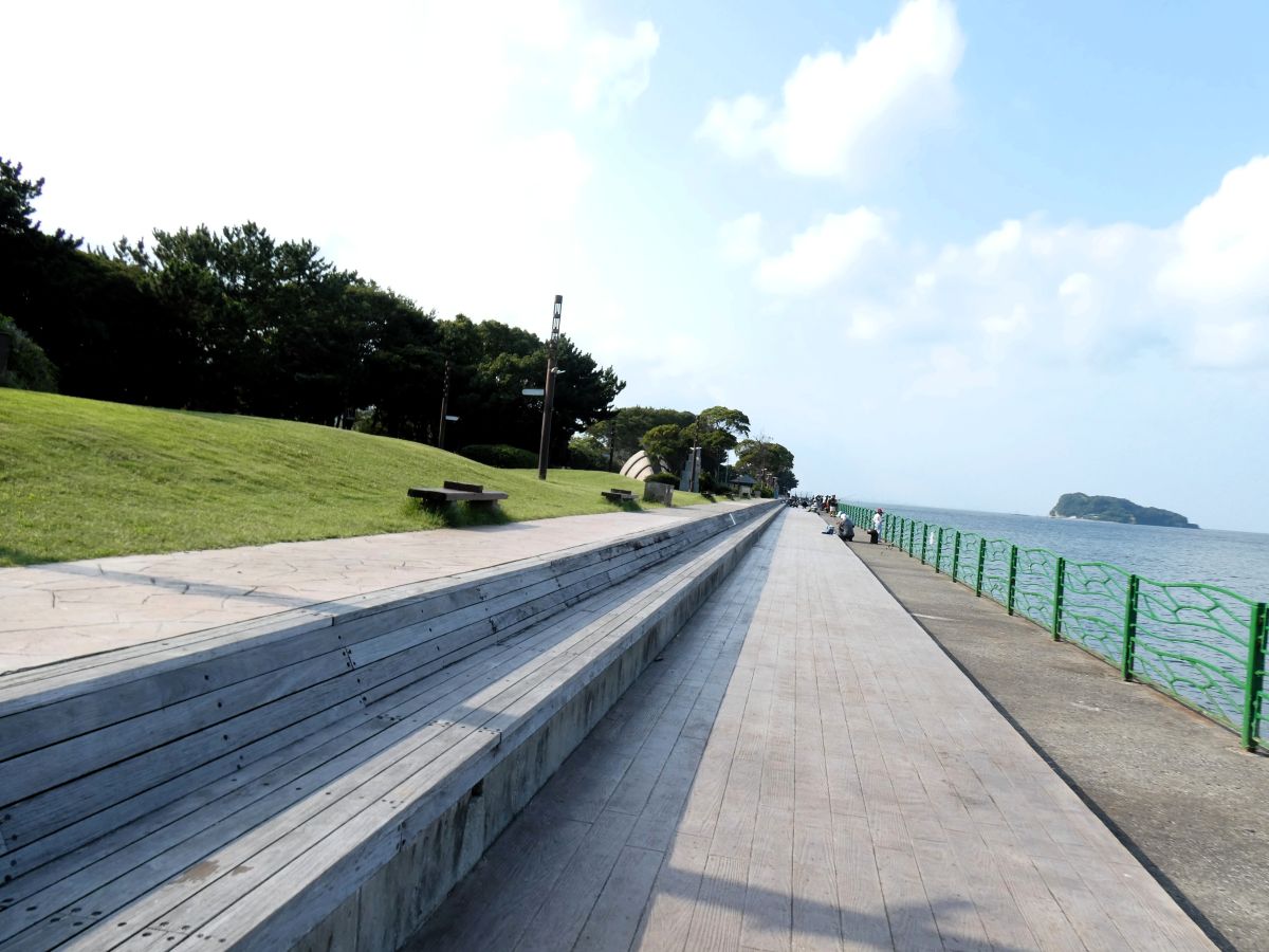 右から釣り場、通路、ベンチ、通路、芝生