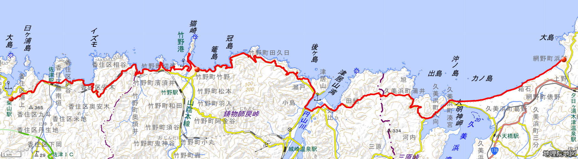山陰海岸ジオパークトレイルMAP　夕日ヶ浦～柴山駅