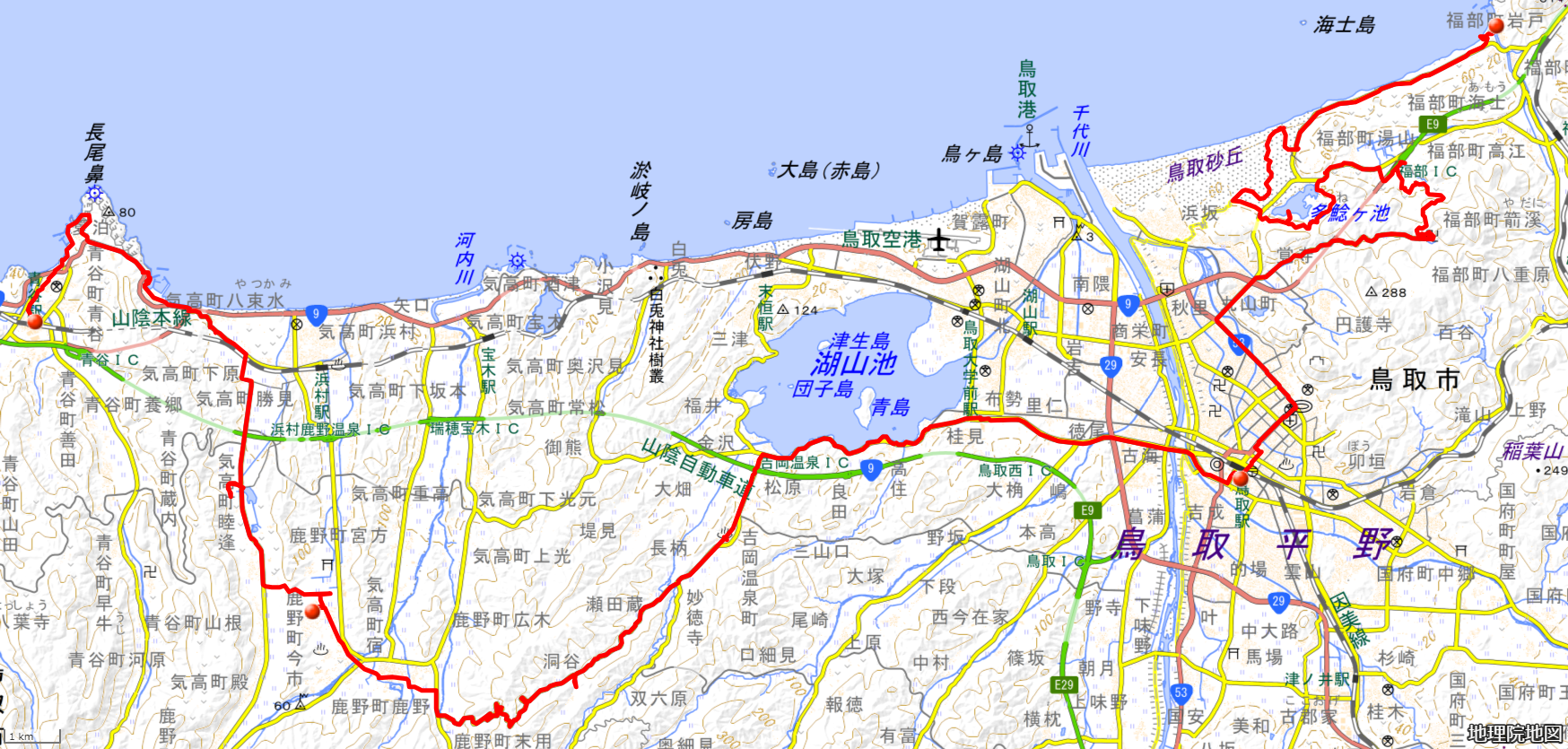 山陰海岸ジオパークトレイルMAP　岩戸海岸いさりび広場ー青谷駅