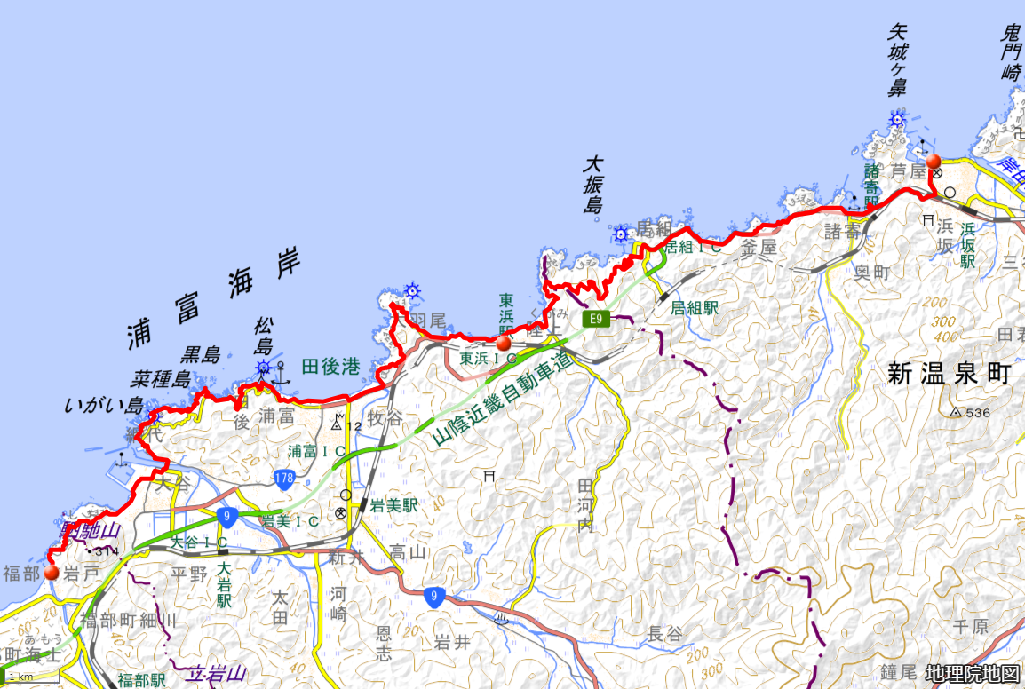 山陰海岸ジオパークトレイルMAP　山陰海岸ジオパーク館ー岩戸海岸いさりび広場