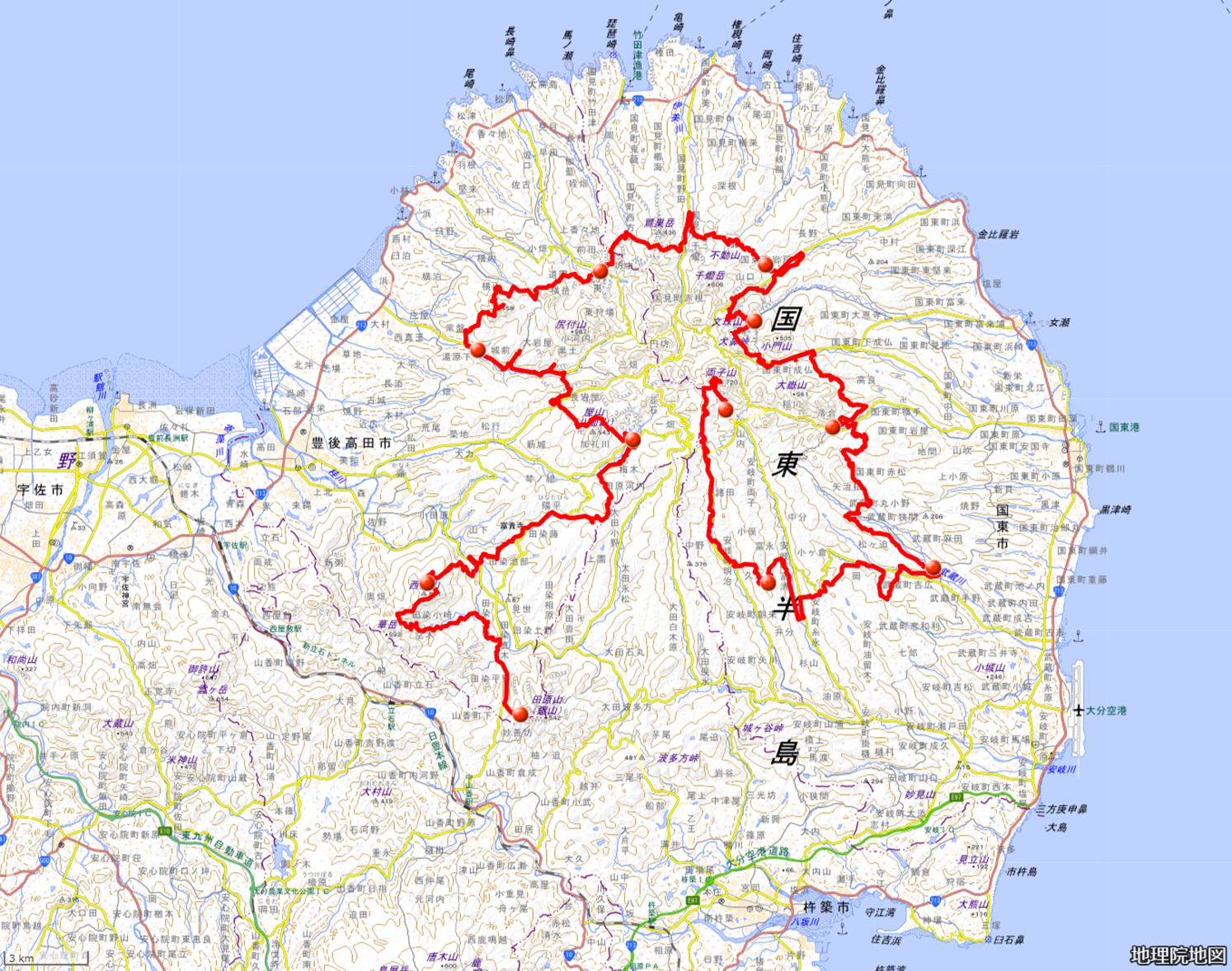 国東半島峯道ロングトレイルMAP